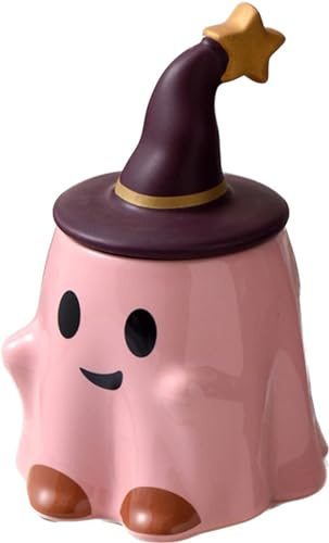 KKGUD Novelty Tea Cup, Ceramic 11oz Halloween Coffee Mug with Lid- Friendly Ghost (Pink)