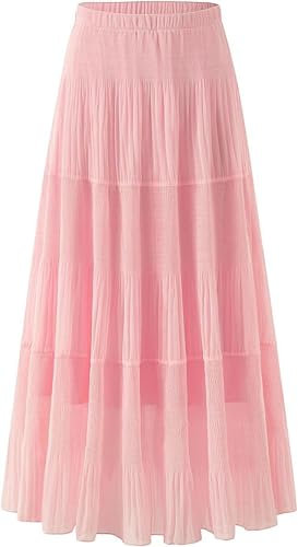 comefohome Jupe longue d'été pour femme - En mousseline de soie - Style bohème - Taille élastique - Jupe plissée, Rose, L