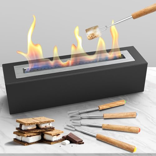 LIDVN Metall-Tisch-Feuerstelle mit 4 ausziehbaren Bratstäbchen, Innen- und Außenbereich, Tischkamin Marshmallow Smores Maker S'Mores Kit, rauchfreie Ethanol-Feuerstelle, Geschenk, zum Einzug, Schwarz