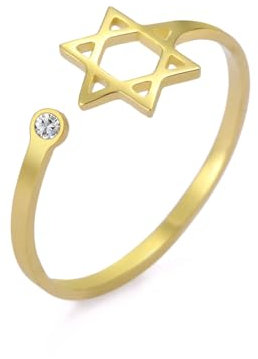 Dreamtimes Davidstern Ringe für Frauen Edelstahl einstellbare offene Ringe mit klarem Zirkon Hexagramm jüdischer Ring Herz des Glaubens Davidstern jüdischer Schmuck (Gold)