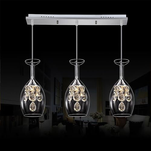 Wylolik 3 Heads Creative Wine Glass Pendant Light Transparent Glass Shade Chandelier Height Adjustable Hanging Lamp Nordic LED Suspension Lighting Restaurant Decoration Indoor Lighting For Kitchen Isl