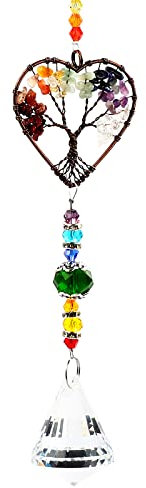 Chakra Healing Crystal Stone Sun Catchers for Windows, Tree of Life Tandem Natural Quartz Gemstone Pendant Rainbow Maker Suncatcher, Spiritual Gifts for Women (1)