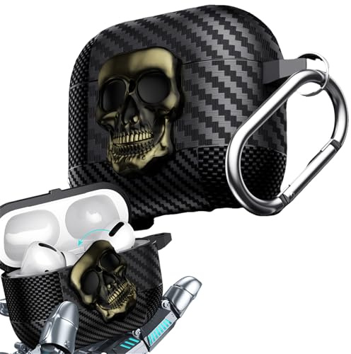 Ysnzaq Schädel Design Hülle für Airpods 4, KLT Grün | Drehbares 3D Meatl Skull, Metall Karabiner Schlüsselanhänger, mit LED Licht, Robuste Protection Hülle, Drahtloser Ladung