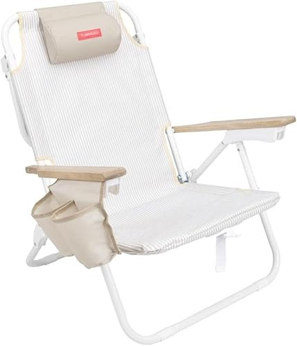 Flamingueo Strandstuhl, Gepolsterte Kopf- und Armlöcher, 5-Fach liegend, Fußstütze und Armlehnen Komfort, Tragegriffe Rucksack Einfacher Transport, 59 x 62,5 x 77,5 cm