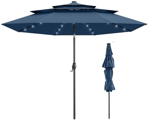 TANGZON 3m Garden Parasol with Solar LED Lights, Straight Pole Patio Umbrella with 3-Tier Vented Canopy, Tilt & Crank Handle, 8 Ribs, Outdoor Market Umbrella Sun Shade for Garden Patio Decking