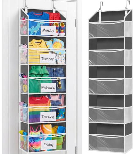 Ofiray-home Over Door Organizer with 5 Large Pockets, 5 Transparent Front Pockets & 10 Mesh Side Pockets, 50 lbs Weight Capacity Hanging Storage for Toys, Shoes, Diapers, Pantry – Grey