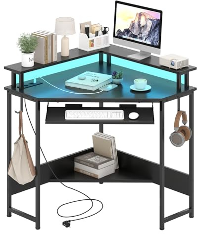 LIFEZEAL Scrivania angolare con luci LED, scrivania angolare con supporto per monitor e tastiera, tavolo da ufficio con stazione di ricarica USB tipo C e prese, telecomando (nero)