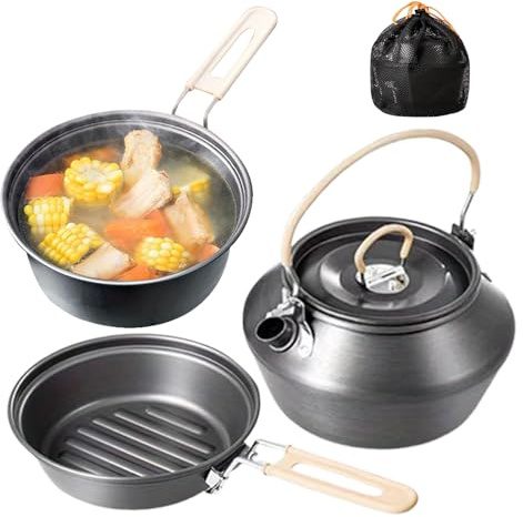 Ustensiles de cuisine de camping 3 en 1 en aluminium anodisé dur - Set de vaisselle d'extérieur - Casseroles, poêles, théières - Pour 3 à 4 personnes - 1400 ml - Pour la randonnée et les pique-niques