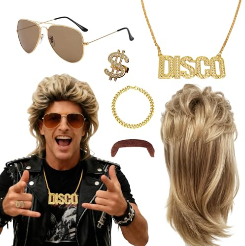 6 Stück 80er Jahre Outfit Herren Perücken Set, Vokuhila Perücke Herren 70er 80er 90er Jahre Accessoires mit Bart Brille Halskette Armband Ohrringe für Halloween Cosplay Faschingskostüme Mottoparty
