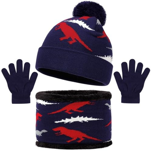 Mütze Und Schal Set Kinder Mädchen Dino Schlauchschal Handschuhe Jungen Winter Wintermütze Mit Ohrenklappen Beanie Knit Bommel Strickmützen Set Herbst Outfits Gestrickt Handschuh