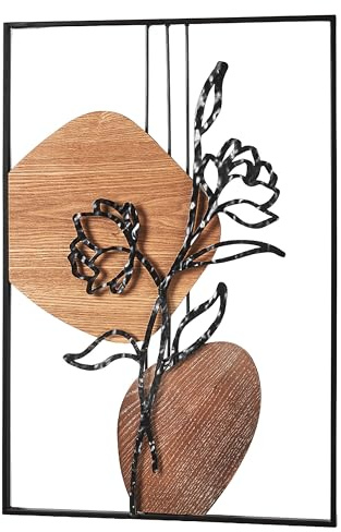 Kobolo Wandbild ZEN | 40x2x60 cm | Metall in Schwarz & Braun | modernes 3D-Wandbild mit filigranem Blumenmotiv & Holzakzenten | dekorative Wanddeko für Wohnzimmer, Schlafzimmer, Flur oder Büro