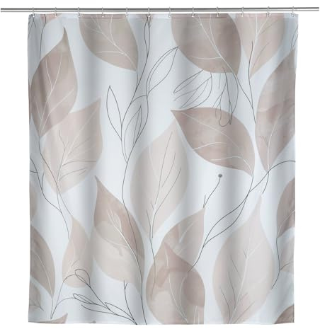 WENKO Duschvorhang 180 x 200 cm Mod. Pula, mit Blätter-Motiv, waschbar, mit Gewicht, wasserabweisend, Metallösen, inkl. 12 Duschvorhanginge, Duschvorhang aus Stoff