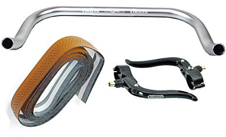 Permanent-Fahrrad Bullhorn Fixie Singlespeed Rennrad Triathlon Lenker Silber 400mm mit passenden Bremshebel und Hellbraunem Lenkerband