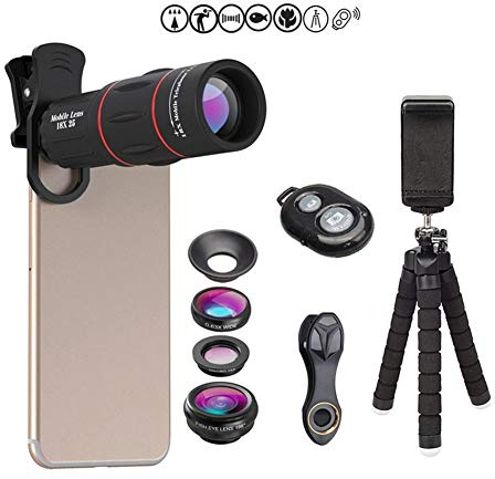 Phone Camera Lens Kit,4 in 1 Cell Phone Camera Lenses Kit - 18X Telescopic Lens + 198° Fisheye Lens + 0.36 Super Wide Angle Lens 15X Macro Lens