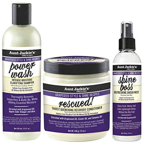 Aunt Jackie's Grapeseed Power Wash Shampoo 355 ml, Rescued Recovery Conditioner 426 g & Shine Boss Sheen Mist 120 ml