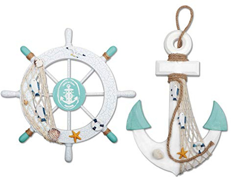 Meching - Rueda de barco de madera y ancla de madera con cuerda náutica, timón de dirección de barco, decoración de pared, adorno para colgar en la puerta