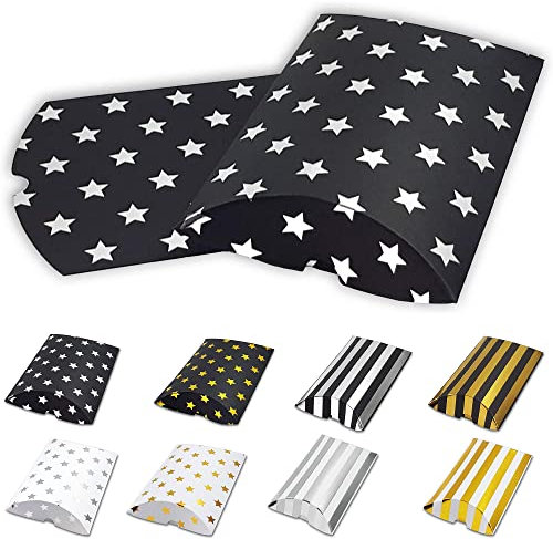Frau WUNDERVoll® 6 Kissenschachteln matt schwarz, Sterne silber metallic 24x14cm (flach), 250g/ Kissenverpackungen, Pillow box, Faltverpackung, Geschenkverpackung, Gastgeschenk, Adventskalender