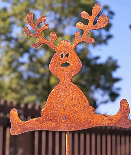 Rostalgie Edelrost lustiges Rentier auf Stab 60 cm Garten Deko Weihnachten