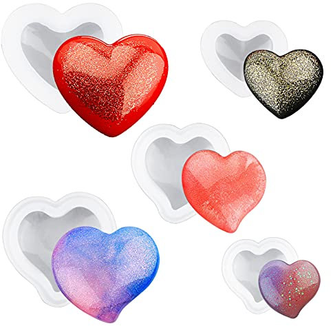 WANDIC 5 x Herz-Formen aus Kunstharz, 3D-Herzform, Epoxid-Gussform für Kunstharz, DIY, Handarbeit, Seife, Anhänger, Schmuckdekoration