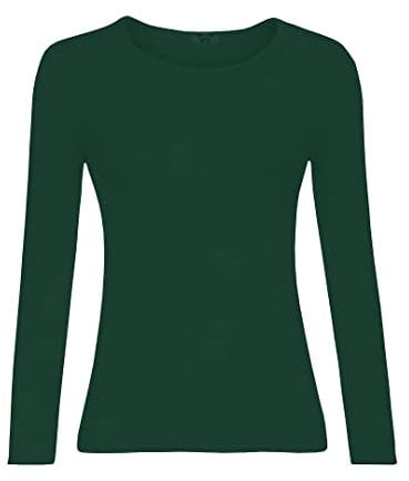 KATSSI Women’s Ladies Long Sleeve Stretch Plain Round Scoop Neck T Shirt Top ML Bottle Green