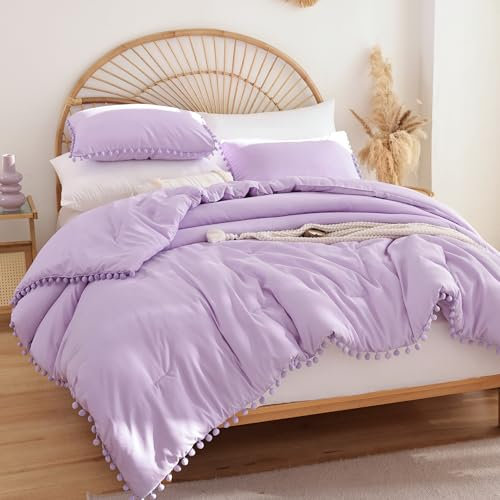 YIRDDEO Lavendel Lila King Ball Pom Fransen Design Tröster Set 3-teilig, luxuriöses Boho-ästhetisches komplettes Bettwäsche-Set, Vintage ultraweiche Mikrofaser Tröster-Set (1 Steppdecke, 2