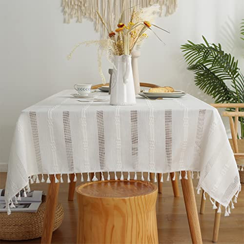 Pahajim Tischdecke Weiß Leinen Baumwolle Abwischbare Tischdecken Rechteckig Modern Quaste Stil für Outdoor, Garten, Restaurant Desktop Dekoration(Weiß,140 x 220 cm)