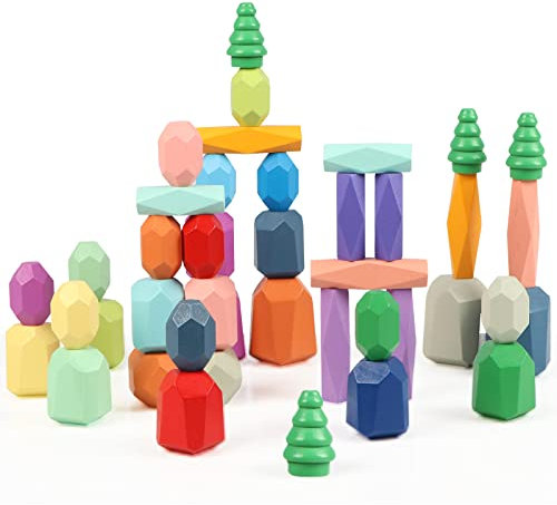 Jacootoys 42 Stücke Holz Stapel Felsen, Montessori Spielzeug für 1 2 3 Jahre alt, Pädagogische Größe Balancing Steine Bausteine Spielzeug Geburtstagsfeier Geschenk für Kinder Jungen Mädchen Alter 3-5