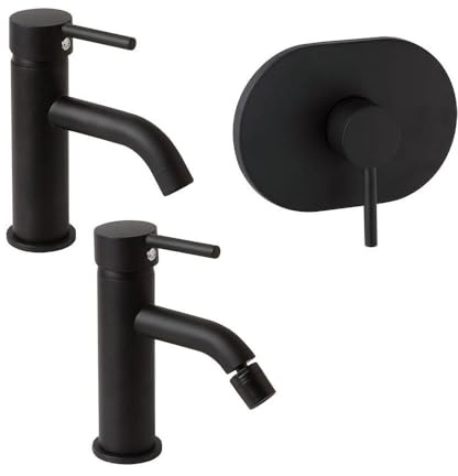 Kiamami Valentina Set 3 Miscelatori Lavabo, Bidet E Doccia Nero Opaco Fassa | Corpo in ottone, leva zinco, piletta click clack abs, monocomando, certificazione ACS, 17,2x5,2 cm