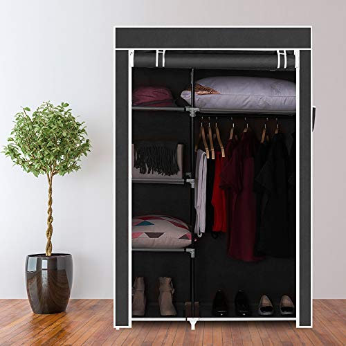 LEADZM Kleiderschrank Faltschrank Stoffschrank Faltbare Garderobe Canvas mit Reißverschluss Stoffschrank Kleiderschrank mit Kleiderstange, Fächern, 105 x 44 x 163 cm, Schwarz