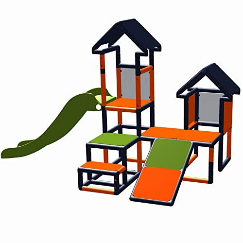 move and stic Franka 6969 Tour d'escalade avec toboggan et incliné Vert orange Abri de jardin avec toboggan pour tout-petits, chambre d'enfant, salle de jeux