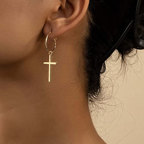 TseenYi Cross Huggie Hoop Earrings Gold Cross Hoop Earrings Boho Crucifix Dangle Huggie Earrings Punk Cross Drop Hoop Earrings Jewelry for Women and Girls Gifts