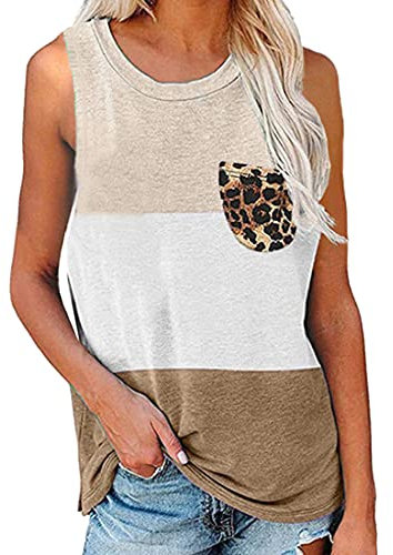 FAWHEWX Damen-T-Shirt mit Rundhalsausschnitt, ärmellos, lässig, Farbblock-Oberteil, Sommermode, ärmellos, Rundhalsausschnitt, Kontrastfarbe, T-Shirt, Tank-Top, Leopardentasche(Khaki/XXL)