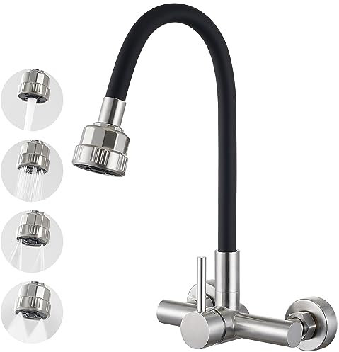 CREA Wandarmatur für Küche mit Schwarzer 360° flexibler Silikon Weichschlauch, Einhebelmischer Küchenarmatur für Ausgussbecken Küche mit 4 Wasserstrahlen Brausekopf, Edelstahl Gebürstet