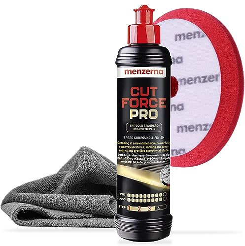 Menzerna Cut Force Pro Auto Politur Set 250ml 3in1 |All in One Autopolitur zum Kratzer entfernen| Profi One Step Polierpaste Schleifpaste für alle Lackarten + Heavy Cut Polierpad + Poliertuch 380GSM