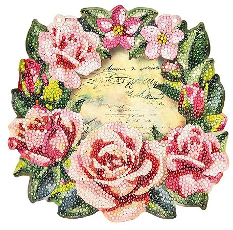Ideen mit Herz Diamond-Painting-Fensterbild | doppelseitiger Druck | ca. 20 cm Ø | inkl. Diamond-Painting-Steine für Vorder- und Rückseite (Kranz mit Rosen)