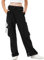 Rolanko Baggy Cargo Hose für Mädchen, Elastische Taille mit Mehreren Taschen Weites Bein Cargohose für Kinder, Schwarz, Größe: 140/8-9 Jahre