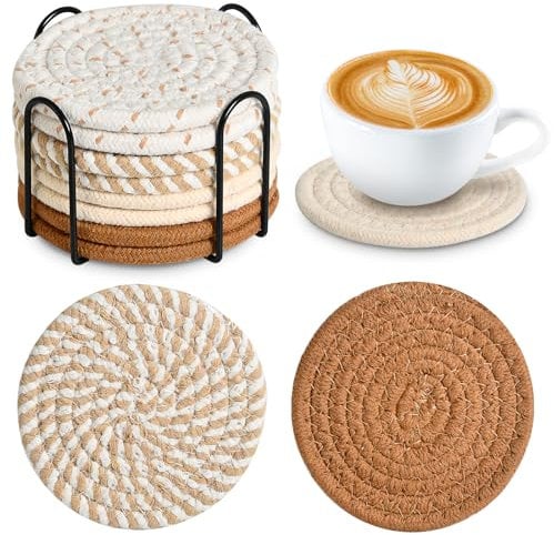 Set of 8 Coasters for Drinks, Round Woven Coaster Cotton Woven Coaster,Absorbent Drink Coasters,Handmade Braided Fabric Coasters,Water Absorbent Coaster Set with Holder