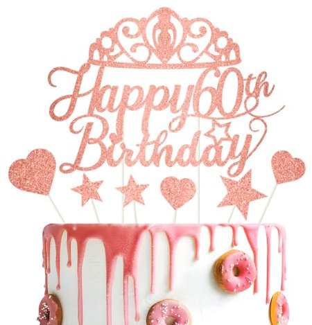 Glitter Happy Birthday Cake Topper Rose Gold Gliter Happy 60th Birthday Cake Topper for Women 60th Birthday Cake Decorations 7PCS by RichMoho