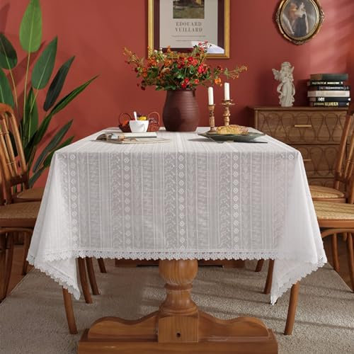 Tischdecke Spitze Vintage, Baumwollspitze Gestickte Blume mit Spitze Tischtuch für Esszimmer, Garten, Party, Hochzeiten oder Haushalt, Weiß, StilB, 140 x 180 cm