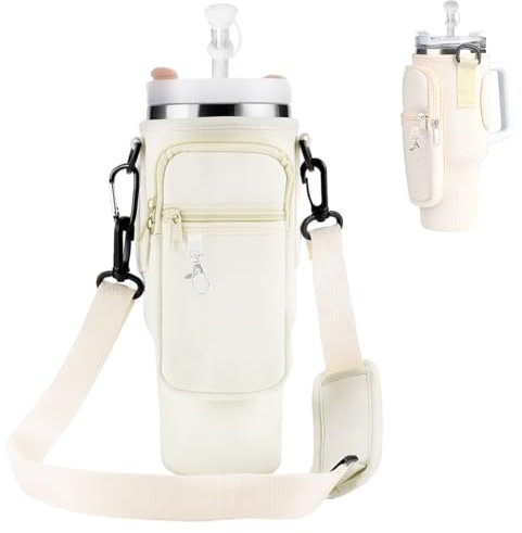 Bolsa de transporte para botella de agua para vaso de 40 onzas con bolsillo para teléfono,Portabotellas con Funda de Pajita,Correa Ajustable para el Hombro y mosquetón,para Viajes,Camping (blanco)