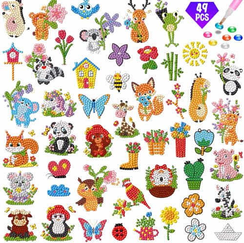 EFNHJF5 49 Stück Diamond Painting Kinder Tiere, Diamond Painting Sticker,5D Diamond Painting Set Tiere, Kleinkinder Farbaufkleber Ab 4 5 6 7 8 9 10 Jahre Jungen und Mädchen