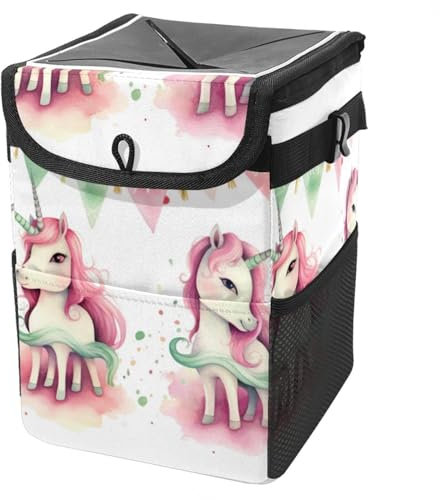 YTYVAGT Poubelle de voiture avec couvercle et poches de rangement,poubelle polyvalente pour voiture,jolie licorne aquarelle