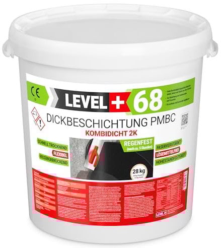 Level+68 Dickbeschichtung PMBC 2K, Bitumen Abdichtung 28kg, Rissüberbrückend, Schnell Regenfest, Fundamente Keller Garage Aussenwände Abdichtung
