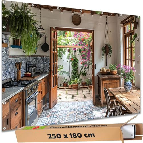 TRIOSK Sichtschutz Garten Deko Zaun Plane Blickdicht groß mit Zaunblende Motiv Gartenküche Landhaus Mediterran für Zaunelement Doppelstabmatten Stabmattenzaun Gartenzaun PVC 250x180 cm