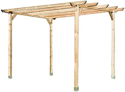 Suinga Pergola en bois pour jardin et véranda. Dimensions : 360 x 360 x 360 cm. Présentation : 4 poteaux 9 x 9 x 250 cm, 2 traverses 360 cm, 4 lattes 360 cm et 4 équerres.