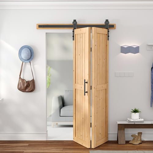 SANKEYTEW 213x122CM Falttür mit 52/132CM Schiebetürbeschlag für 2 Türen,Schiebetür Komplettset Mitgelieferte Doppelseitige Griffstangen,Montagefreie Massivholz-Türblätter aus Fichte