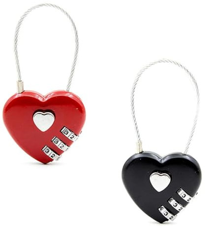 AFCJLTO 2pcs En forme de coeur Cadenas Code, Cadenas avec Combinaison à 3 Chiffres Réinitialisables, Serrure à Combinaison Petit Cadenas à Code Cable pour Valise Sac de Voyage Casier (rouge, noir)