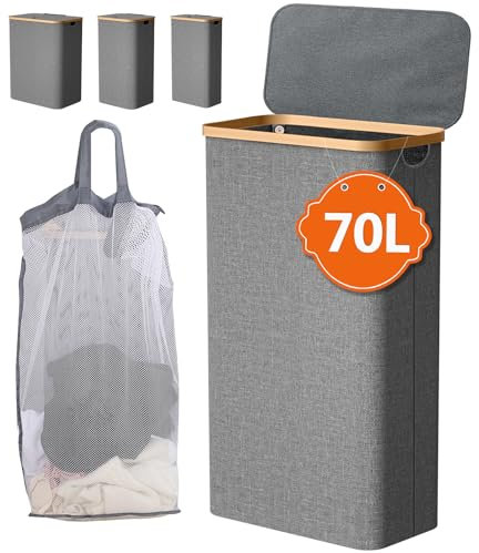 IHOMAGIC Wäschekorb mit Deckel 70L, Schmal Wäschebox mit Bambus Henkel und Innentasche, Faltbarer Wäschebox, Tragbar Wäschetonne für Waschküche,Yoga Organisator, Dunkelgrau
