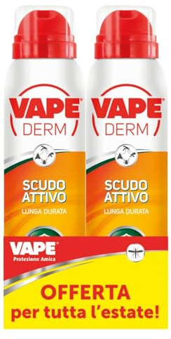 VAPE DERM SCUDO ATTIVO, Spray Antipuntura, Protezione di Lunga Durata Fino a 8 Ore, Contro Zanzare Comuni, Tigre, Tropicali, Tafani, Zecche, 2x100ml