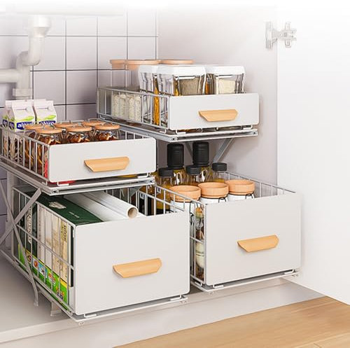 HUOLE Rangement sous évier à 2 Niveaux,Organiseur de Cuisine, Étagère sous Évier, Porte-épices,Panier de Rangement Coulissant en métal,pour Cuisine, Salle de Bain,Chambre-40 * 26 * 43 cm-Blanc